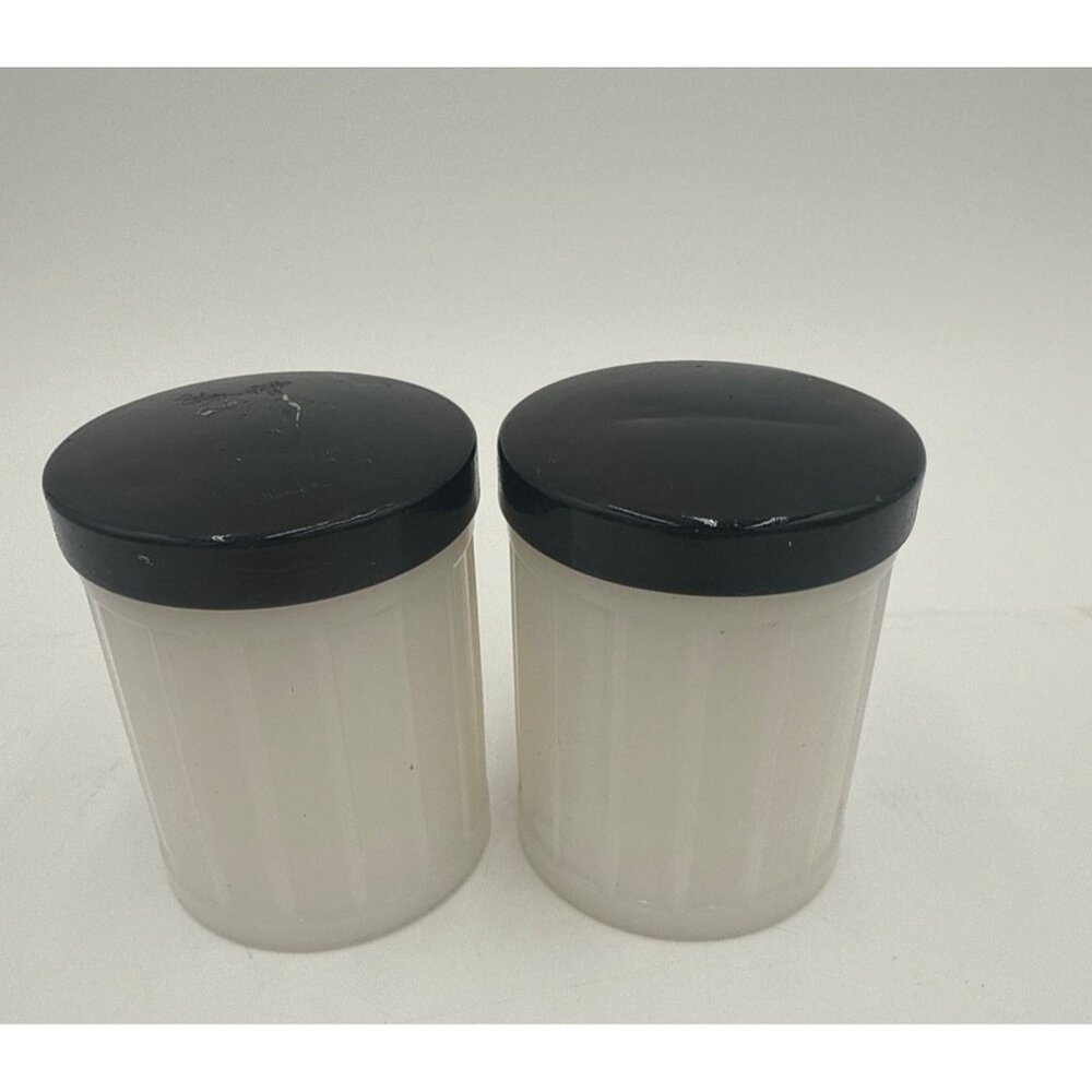 Two VTG White Bottles Milk Glass with Metal Lids Unmarked Cosmetics Empty